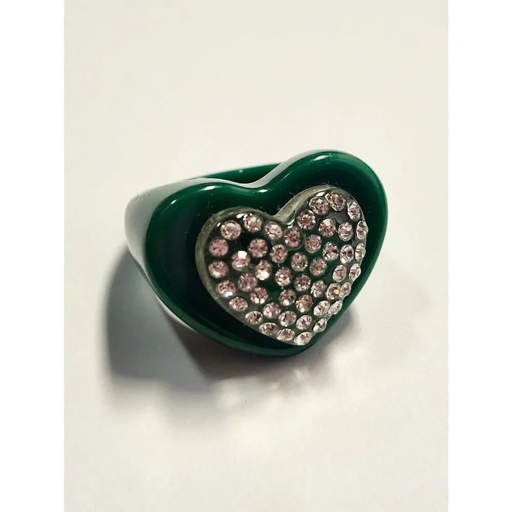 Sparklemuse Acrylic Rhinestone Heart On Heart Ring Size 8 Green Clear